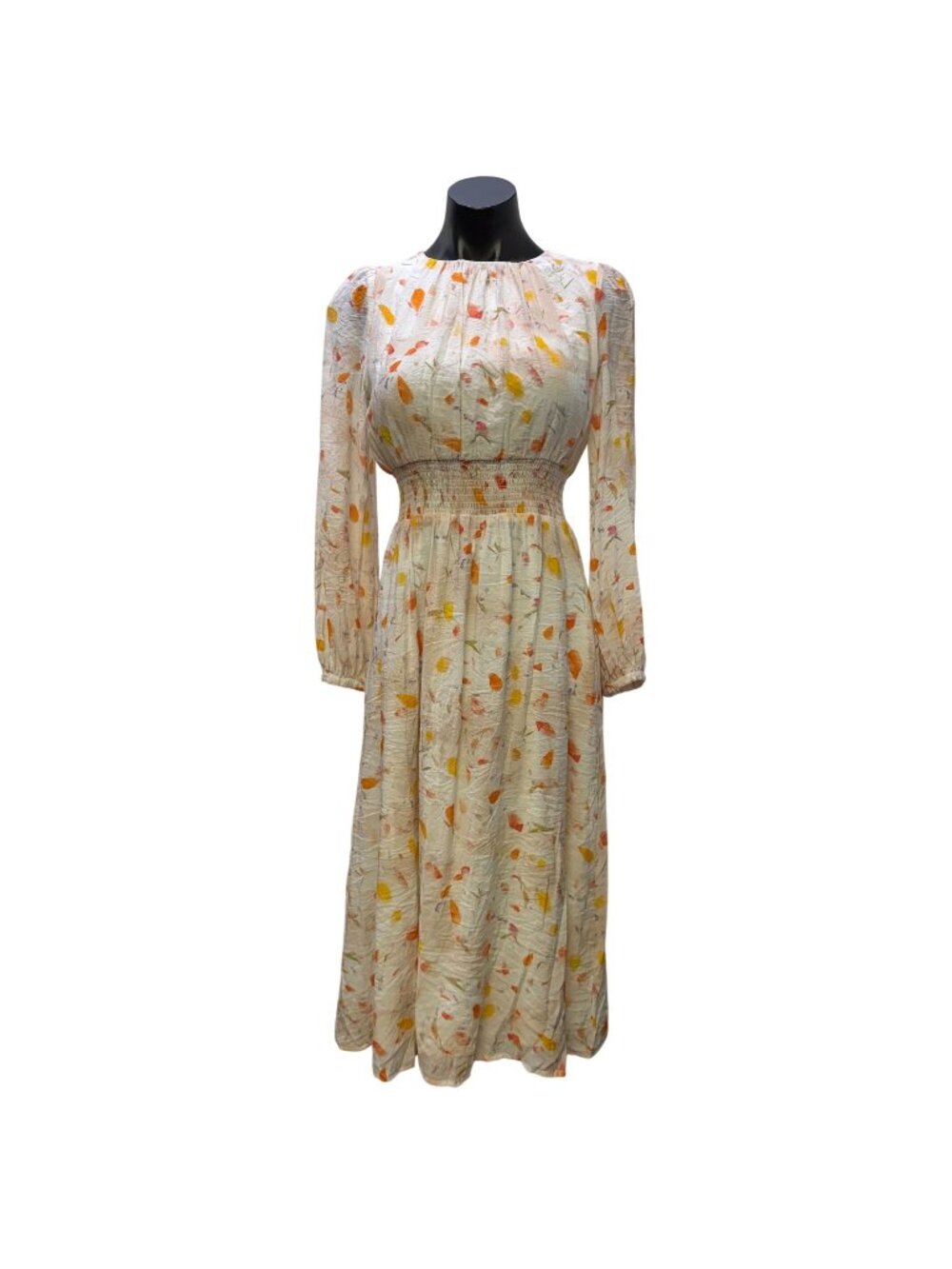 Motf Long-Sleeve Smocked Waist Midi Dress White Yellow Floral Print S